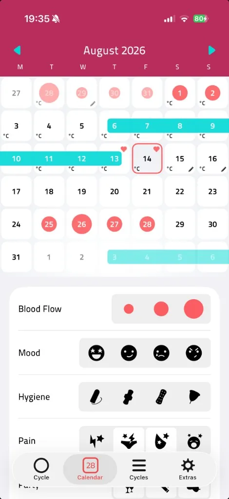 iWoman calendar in the Colours theme, with period days, a fertile window and day logging