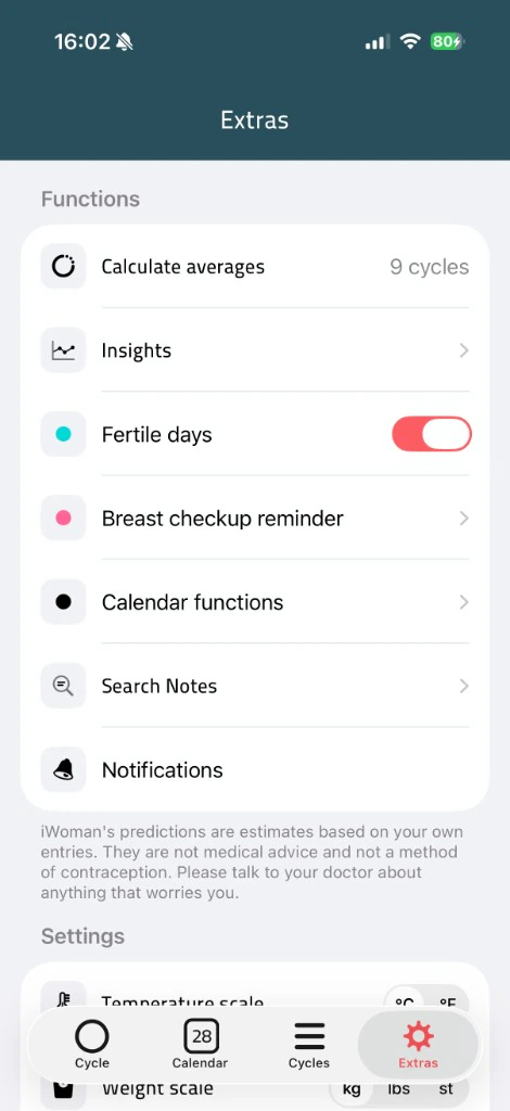 iWoman extras screen with functions, fertile-days toggle and unit settings